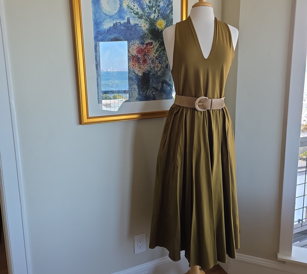 Donna Karan Olive Sleeveless V-Neck Midi Dress with Beige Belt